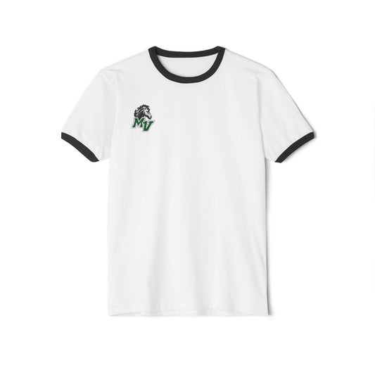 Mounds View vintage ringer tee in white with black collar and sleeves featuring a small emblem on the chest.