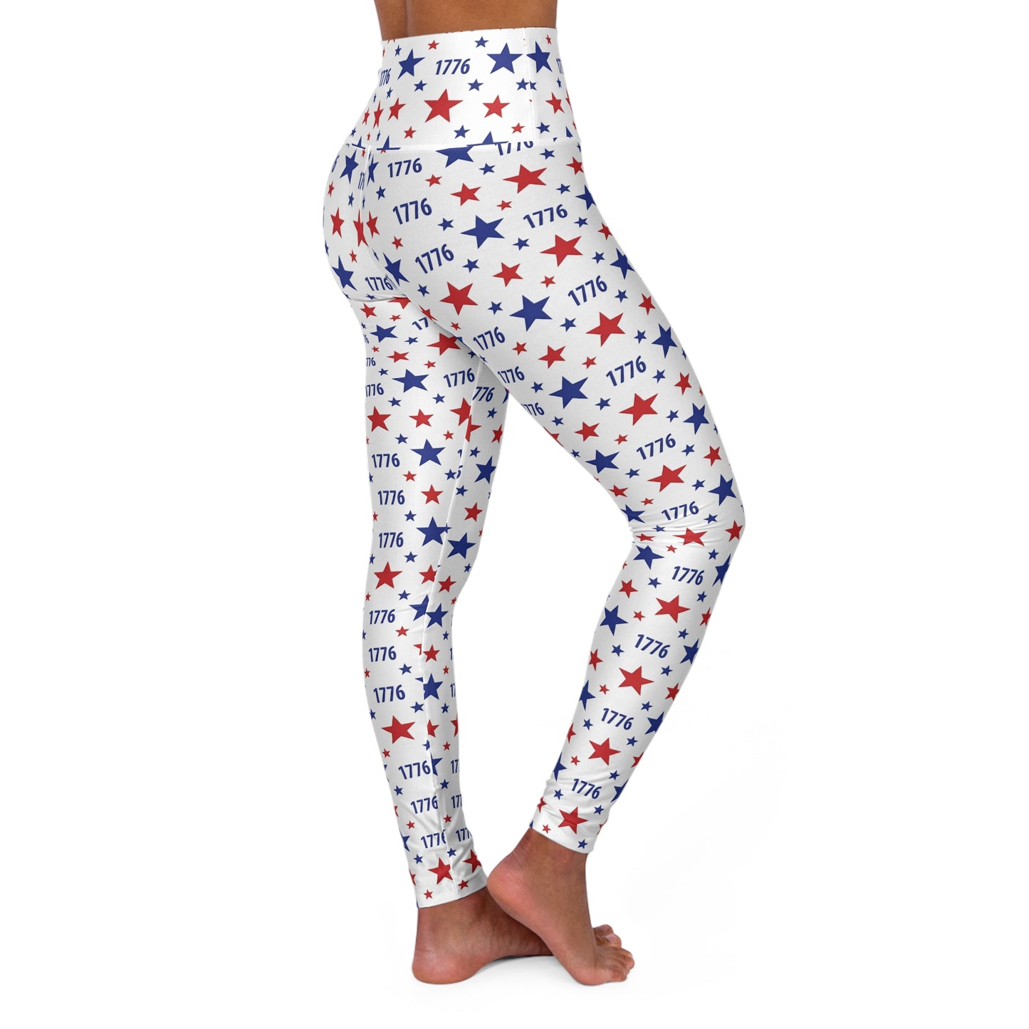 Patriotic yoga leggings featuring a 1776 star design, high-waisted for comfort and style. Ideal for active wear.