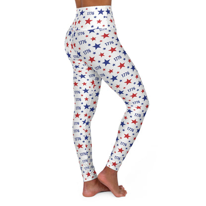 Patriotic yoga leggings featuring a 1776 star design, high-waisted for comfort and style. Ideal for active wear.