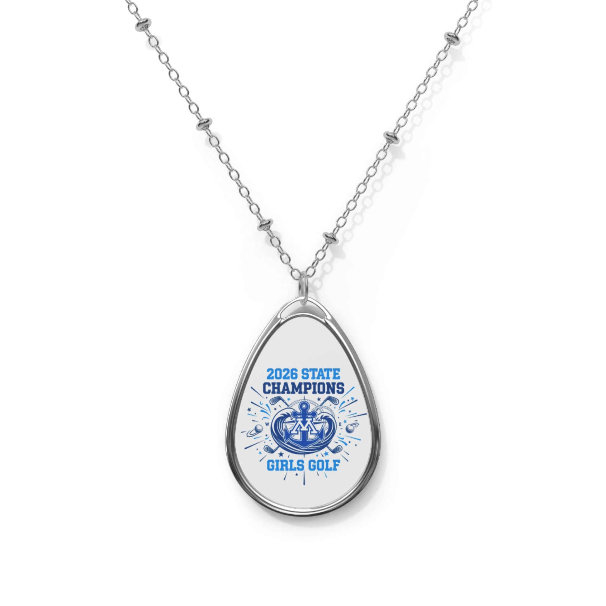 Minnetonka Skippers 2026 State Girls Golf Champions oval necklace with a vivid design.