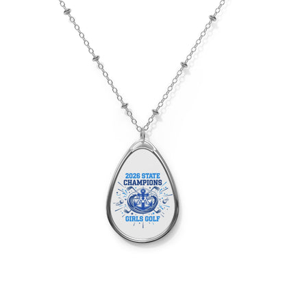 Minnetonka Skippers 2026 State Girls Golf Champions oval necklace with a vivid design.