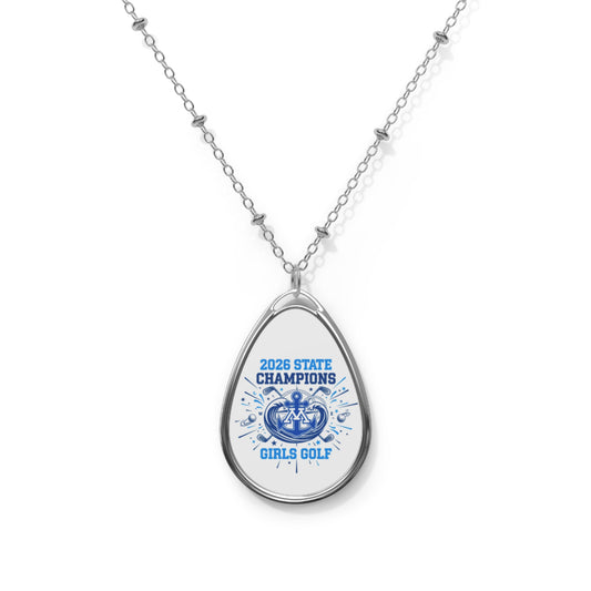 Minnetonka Skippers 2026 State Girls Golf Champions oval necklace with a vivid design.