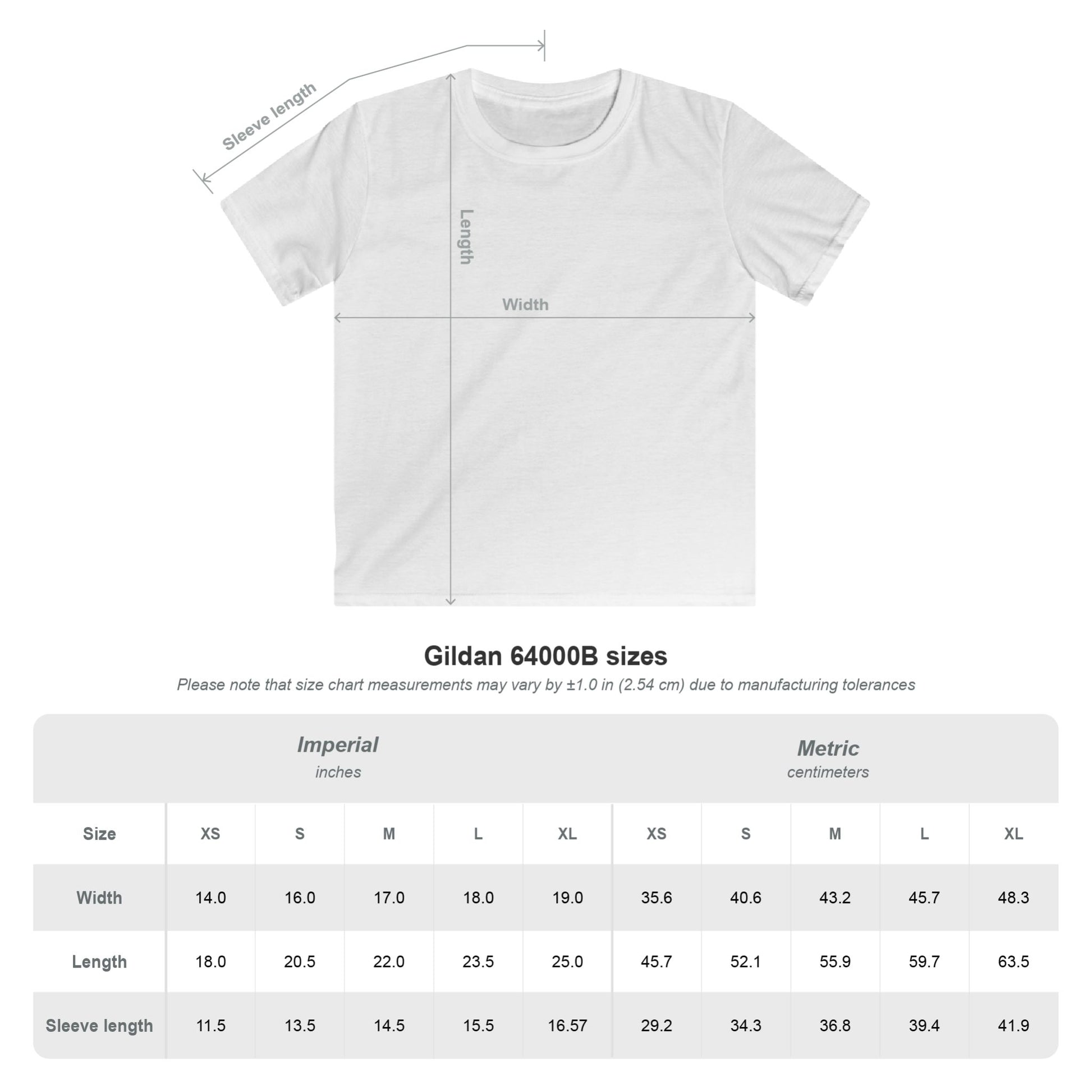 Anoka Tornadoes kids t-shirt size chart with measurements for XS to XL showing width, length, and sleeve length.