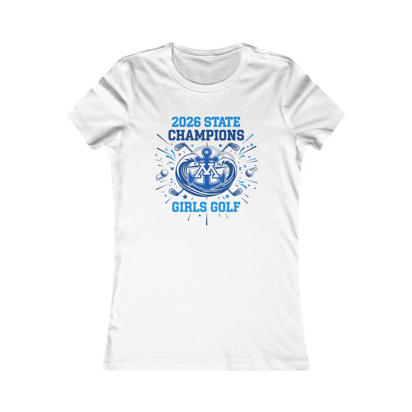 Minnetonka girls golf championship tee featuring 2026 State Champions design in blue on a white slim-fit shirt.