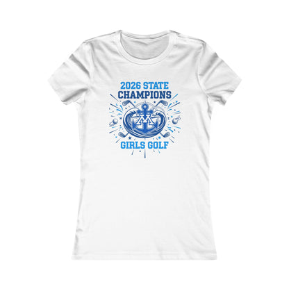 Minnetonka girls golf championship tee featuring 2026 State Champions design in blue on a white slim-fit shirt.