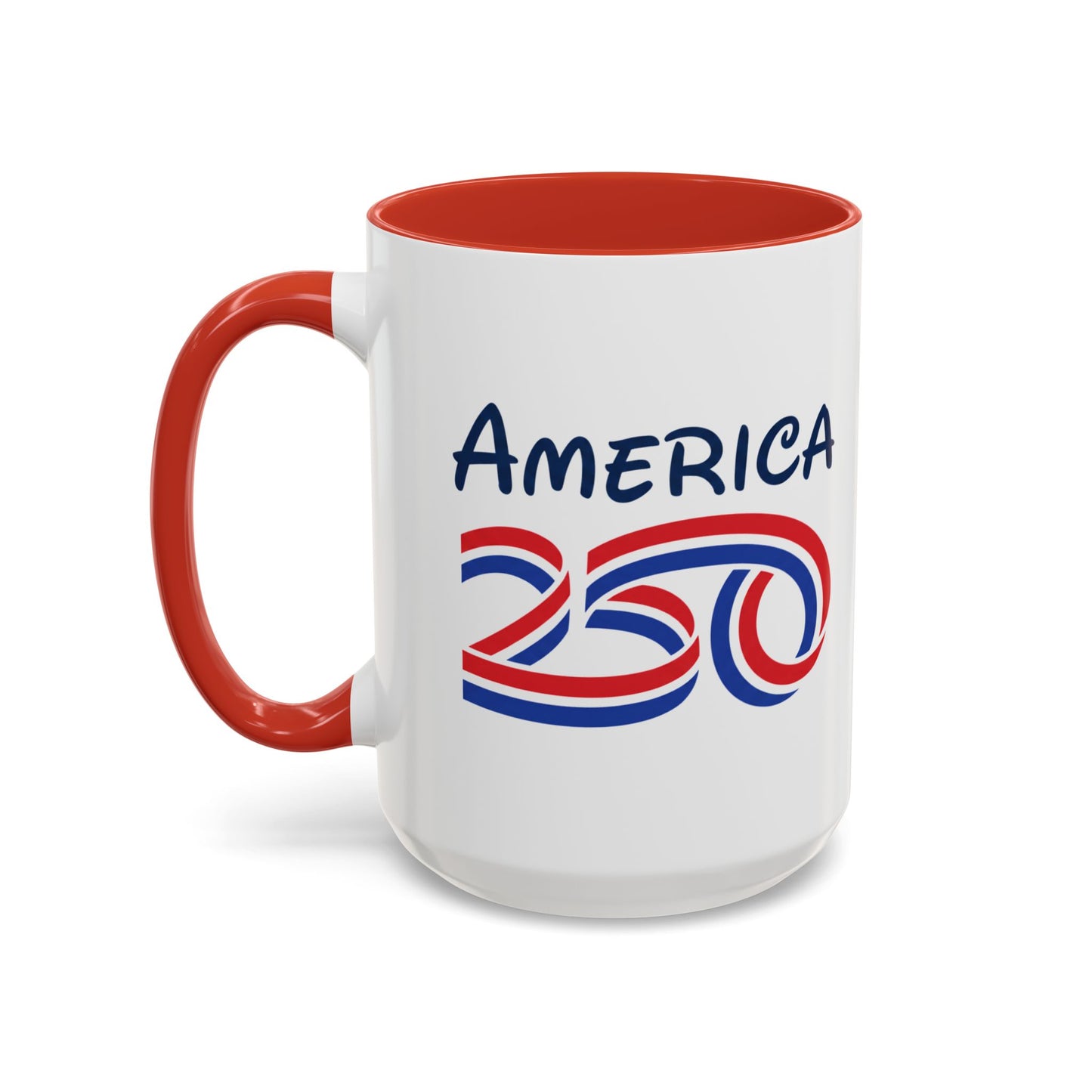 America 250 coffee mug featuring a vibrant red interior and handle with a white exterior design.