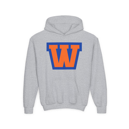 Youth Hoodie - Minneapolis Washburn Millers Orange & Blue 'W' School Logo with Mascot Back