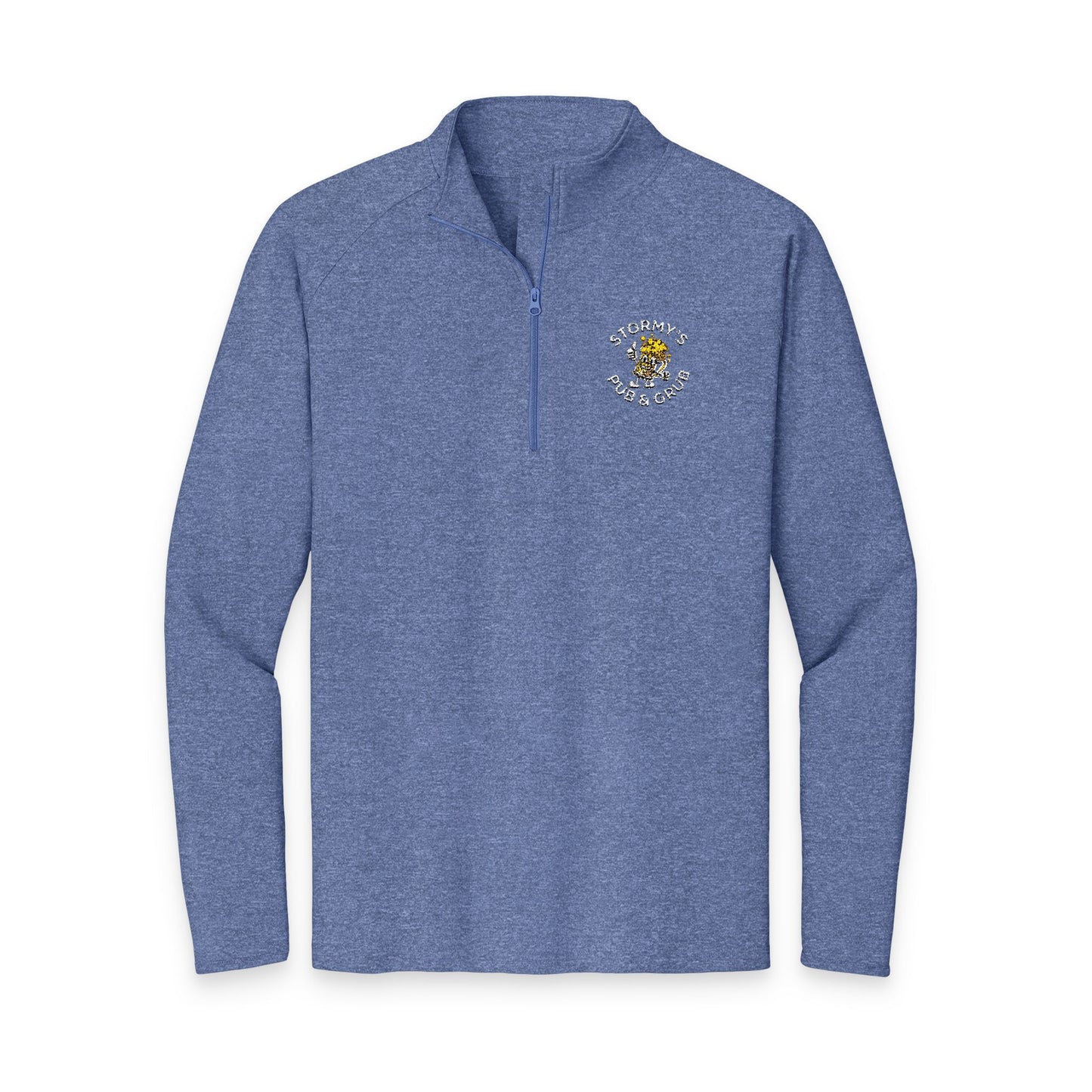 Stormy's Pub and Grub pullover in blue with logo, perfect for casual outings and outdoor activities.
