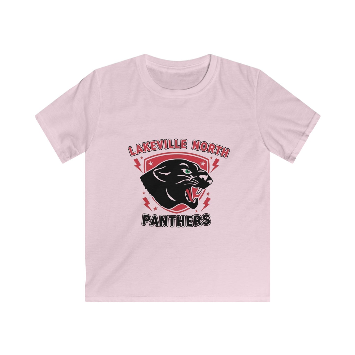 Lakeville North Panthers kids t-shirt in light pink featuring a bold panther graphic for playful outdoor adventures.