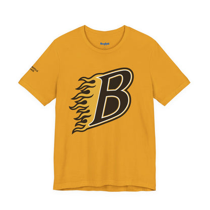 Burnsville Blaze Flaming 'B' Graphic Tee — Retro Letterman Style T-Shirt