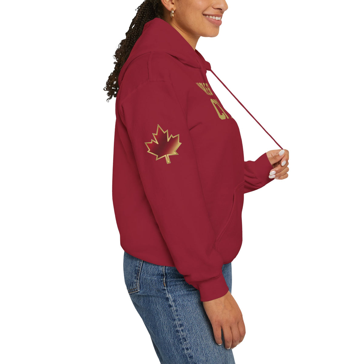 Maple Grove Crimson Hoodie — School Spirit Sweatshirt with Maple Leaf Sleeve