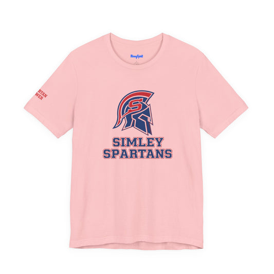 Simley Spartans Women's T-Shirt in pink with bold logo and retro design, perfect for casual wear and celebrations.