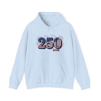 America 250th Anniversary Hoodie in light blue with festive 250 design and fireworks.