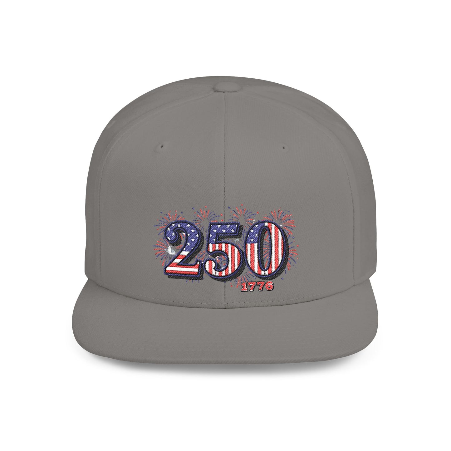250th anniversary snapback hat featuring a vibrant fireworks design and patriotic colors.