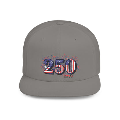 250th anniversary snapback hat featuring a vibrant fireworks design and patriotic colors.