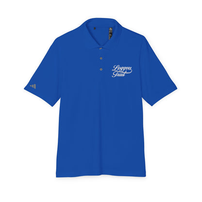 Performance polo shirt with UPF protection in Collegiate Royal featuring embroidered Loggers Trail logo.