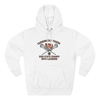 Farmington Tigers 2026 State Champs Boys Lacrosse Fleece Hoodie in white with championship graphic design.