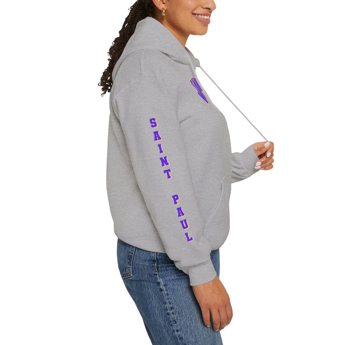 Saint Paul Washington Arch Logo Hoodie — Purple & Gold Sleeve Text, Retro College Streetwear