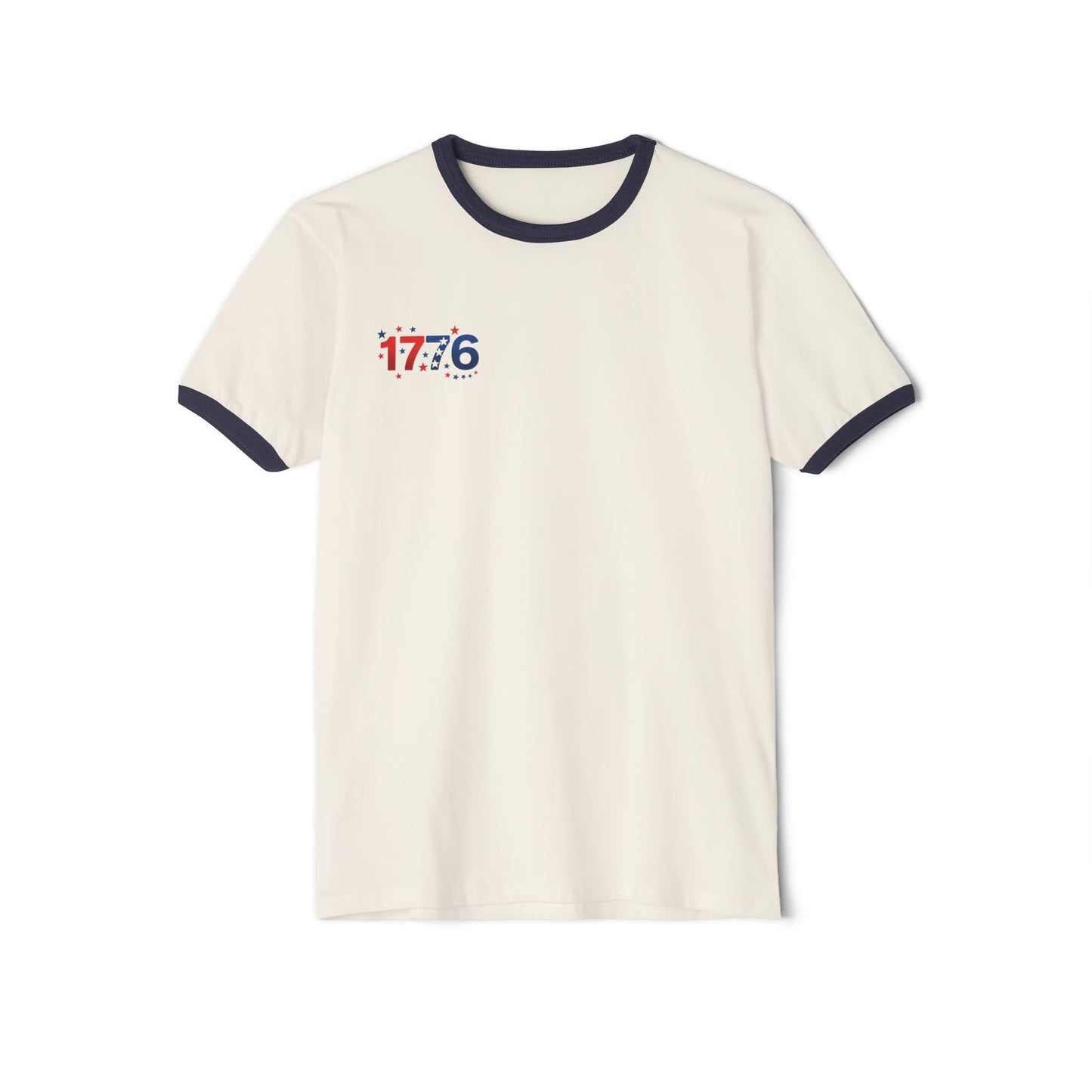 1776 Patriotic Ringer T-shirt featuring navy contrasting collar and sleeve bands, perfect for celebrating America's 250th.