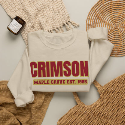 Crimson Maple Grove Crewneck Sweatshirt — Vintage Collegiate Maple Leaf Design
