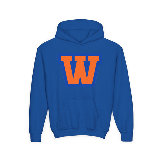 Youth Hoodie - Minneapolis Washburn Millers Orange & Blue 'W' School Logo with Mascot Back