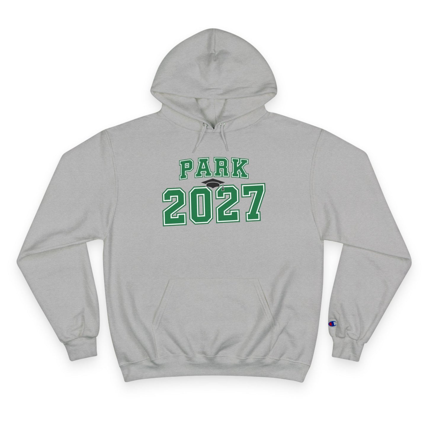unisex class of 2027 hoodie in light steel with green PARK 2027 print and kangaroo pocket