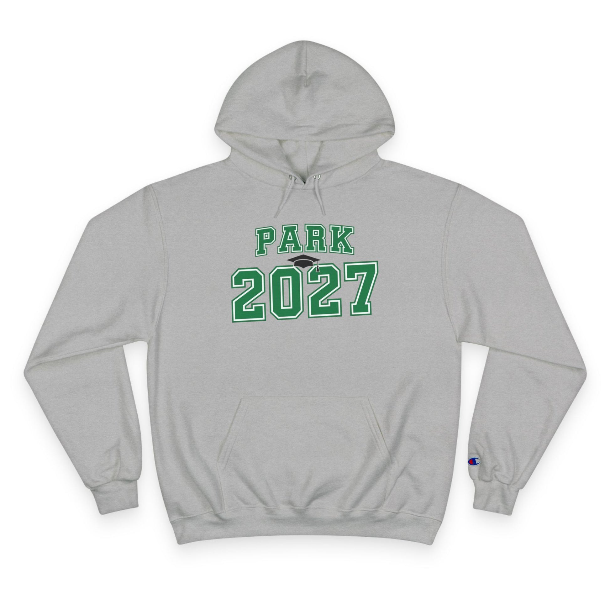 unisex class of 2027 hoodie in light steel with green PARK 2027 print and kangaroo pocket