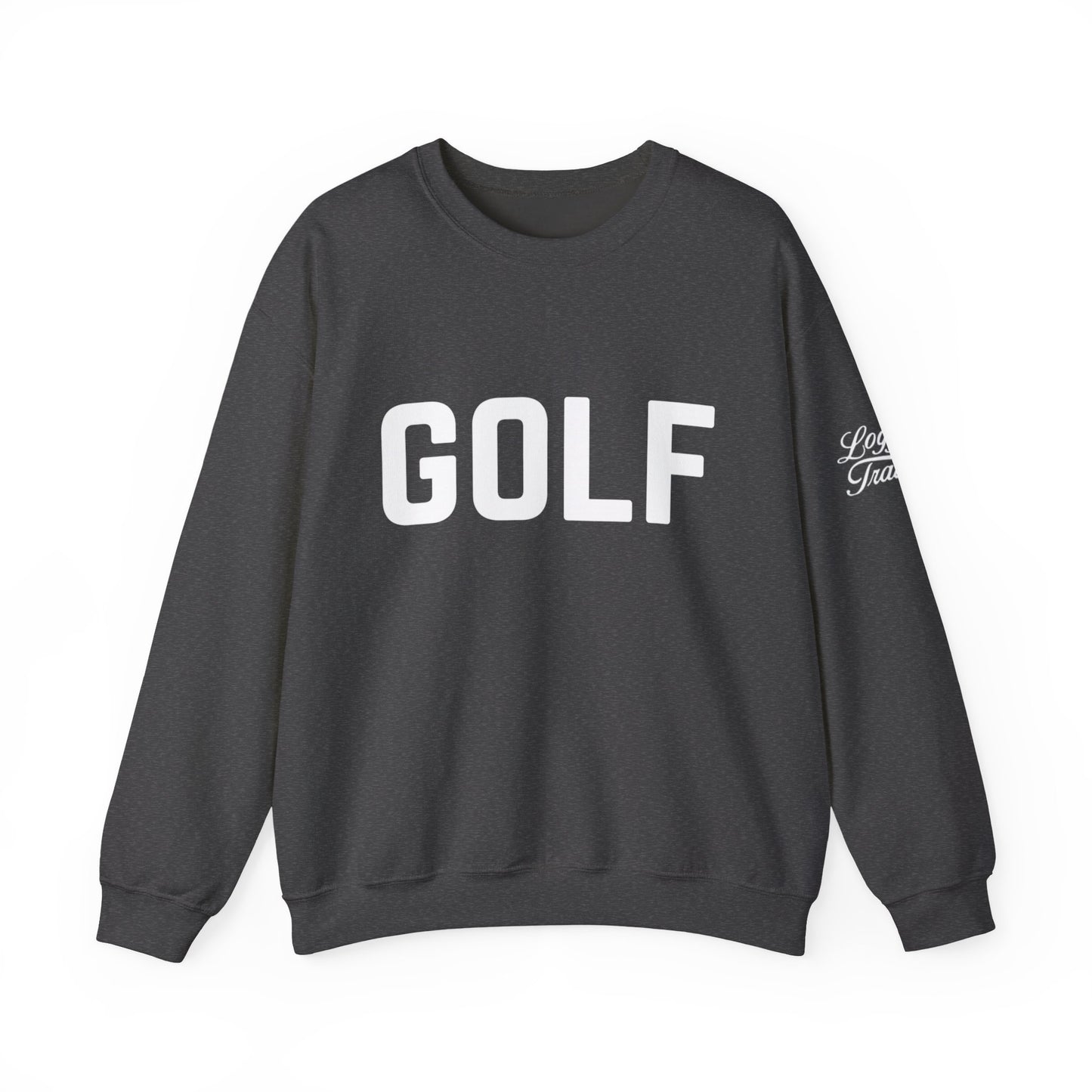 Embroidered golf crewneck sweatshirt in dark heather with bold 'GOLF' logo and subtle script detail.