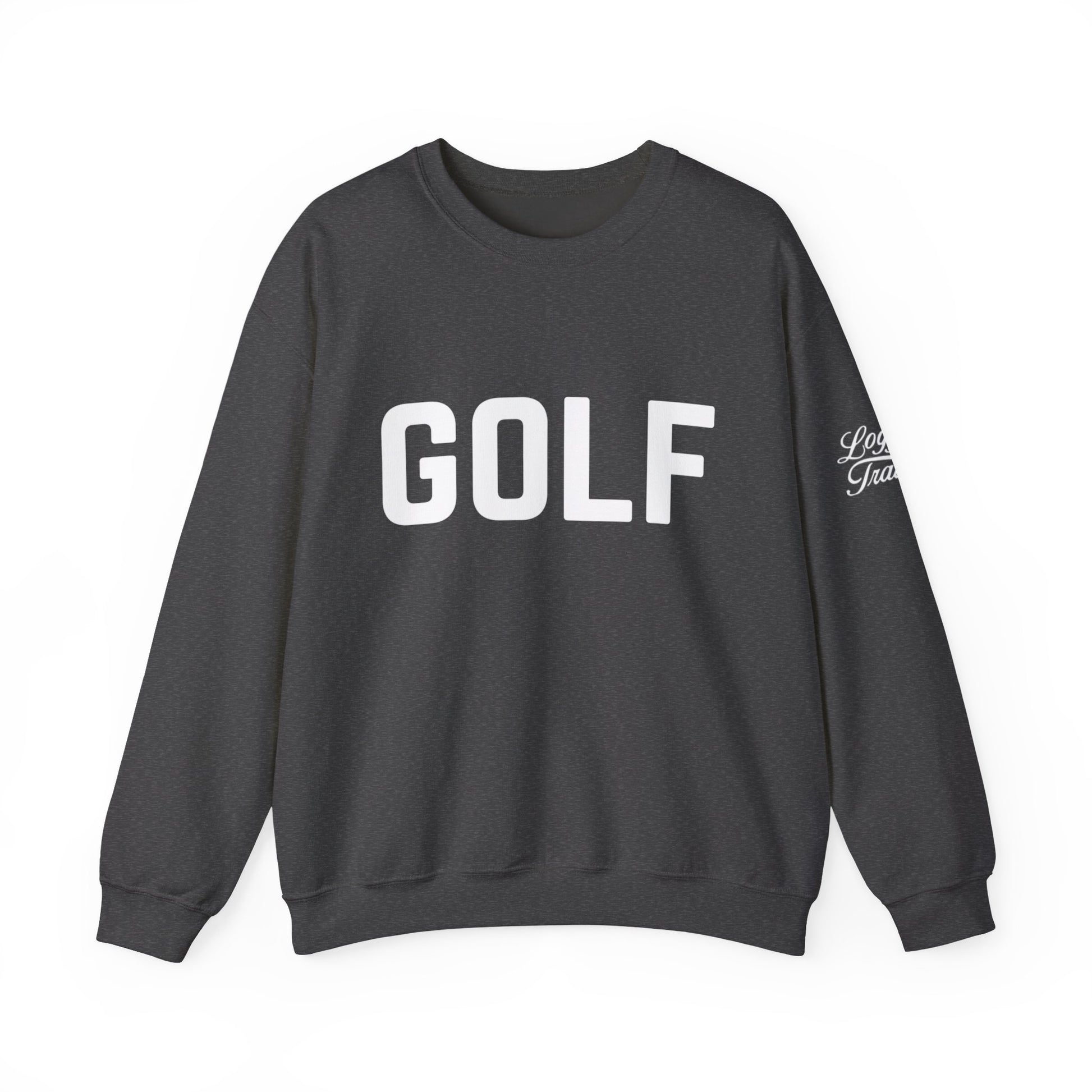 Embroidered golf crewneck sweatshirt in dark heather with bold 'GOLF' logo and subtle script detail.