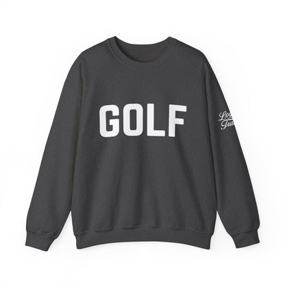 Embroidered golf crewneck sweatshirt in dark heather with bold 'GOLF' logo and subtle script detail.