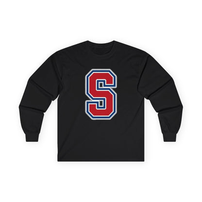 Simley Spartans Varsity S Letter Long Sleeve Tee — Spartan Helmet Back Graphic