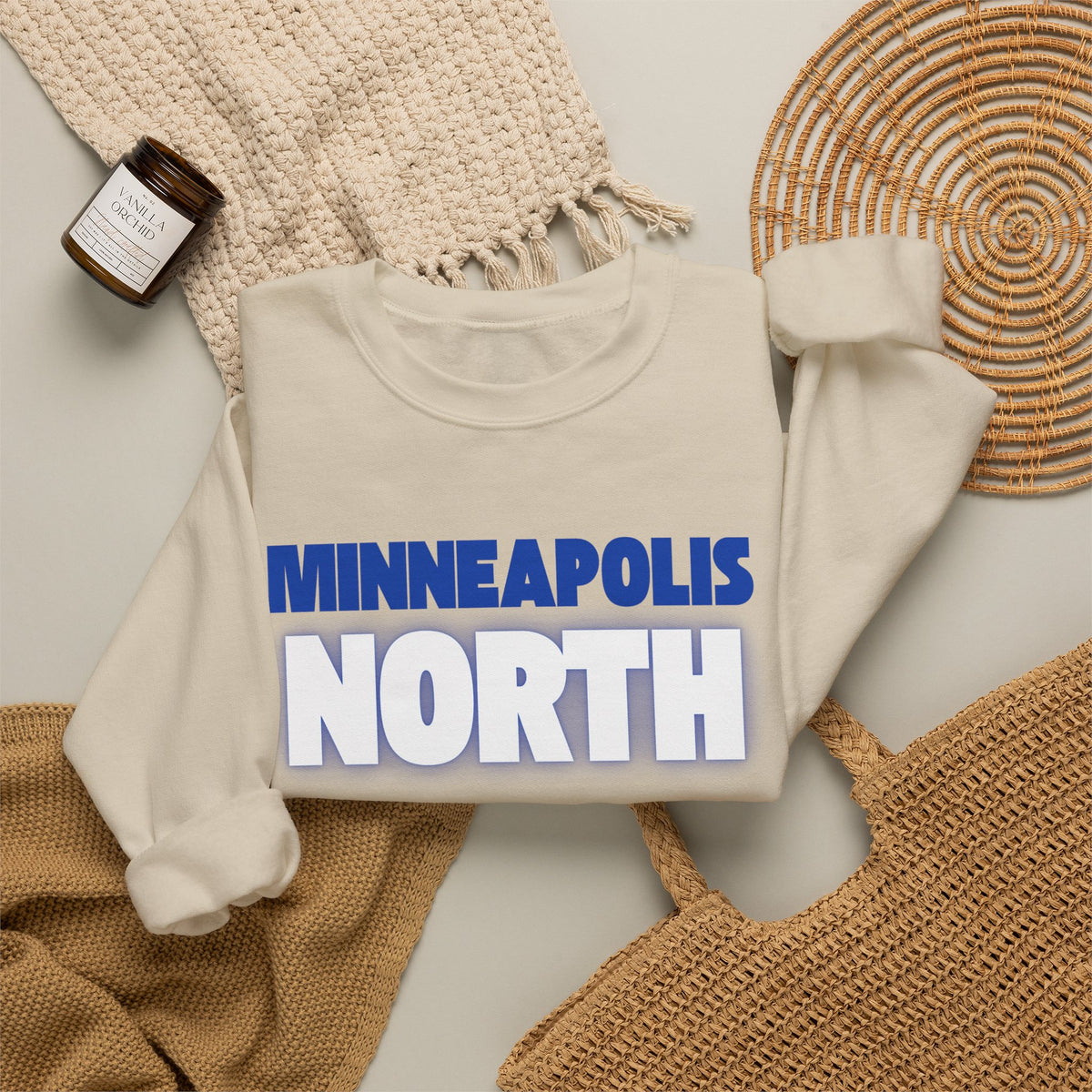 Minneapolis North Crewneck Sweatshirt — Retro Blue Lettering