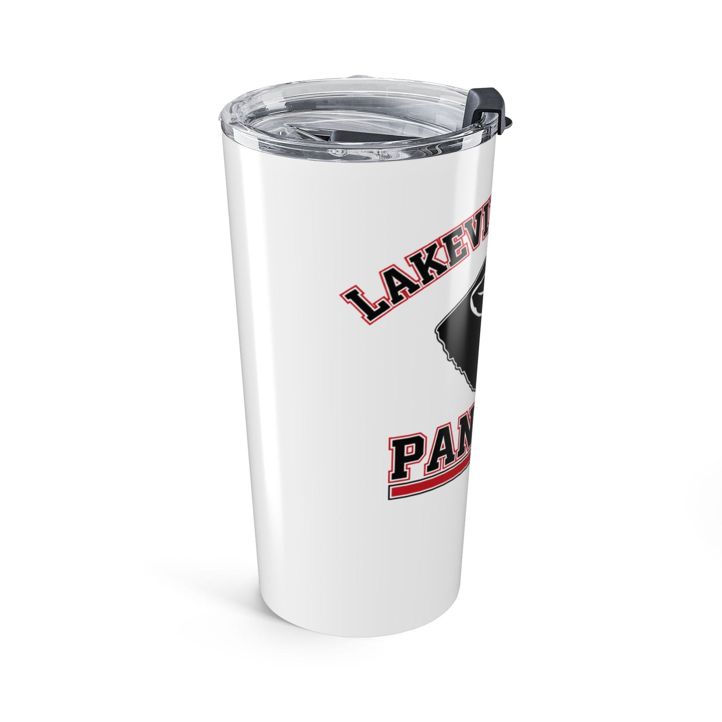 Lakeville North Panthers stainless steel tumbler with logo and clear lid, perfect for hot or cold drinks.