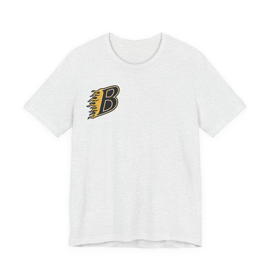 Burnsville Blaze Flaming 'B' Graphic Tee — Retro Letterman Style T-Shirt