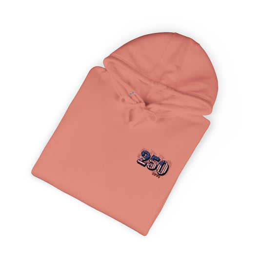 250th anniversary hoodie in soft peach color with right-chest logo celebrating America's 250th anniversary.