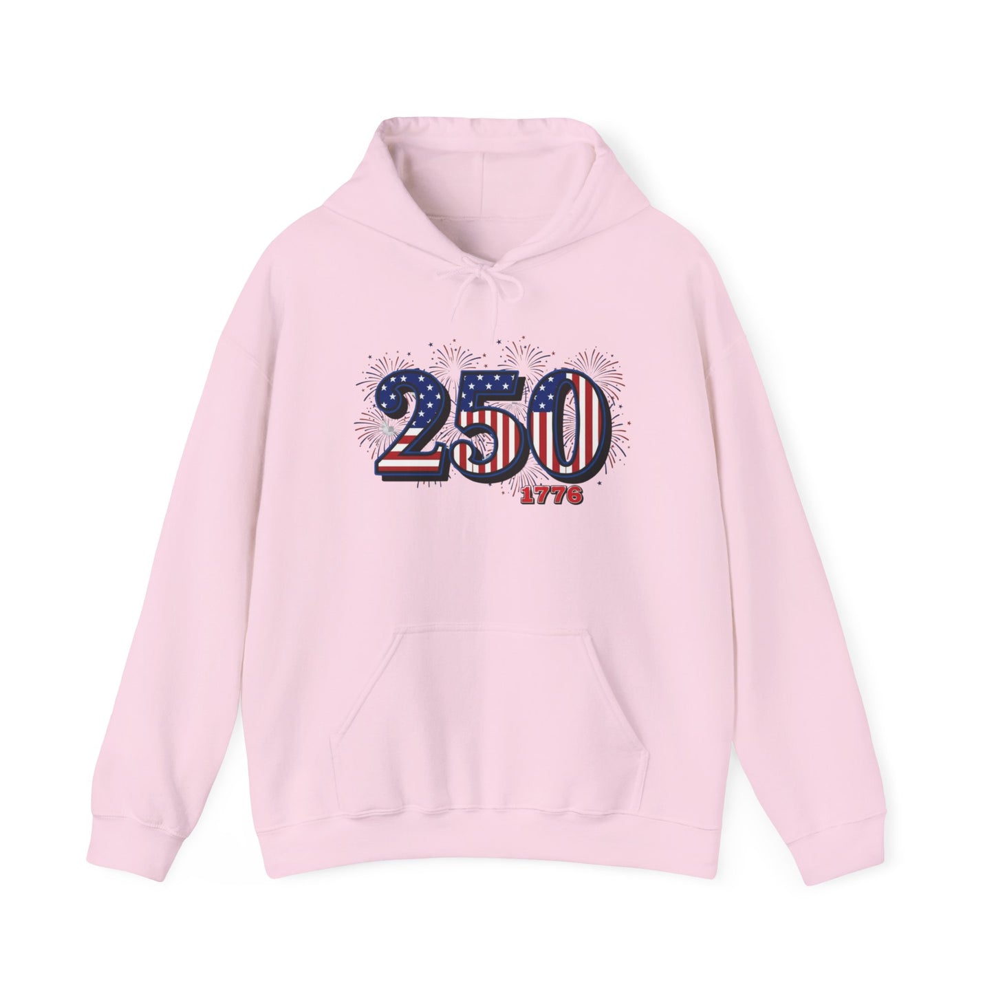 America 250th Anniversary Hoodie in pink with 250 and stars and stripes design.