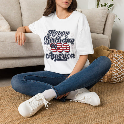 Happy Birthday America T-Shirt worn by a woman sitting on the floor with a vintage patriotic graphic.