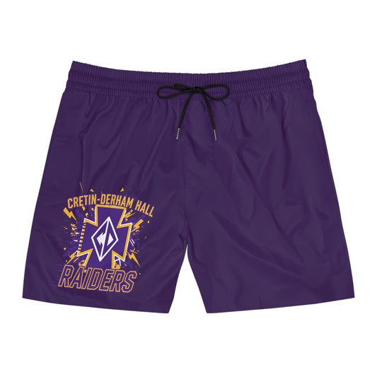 Purple mid-length swim trunks featuring Cretin-Derham Hall Raiders logo and black drawstring for comfort.