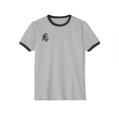 Mounds View vintage ringer tee in heather grey with black collar and sleeve bands, featuring a small emblem