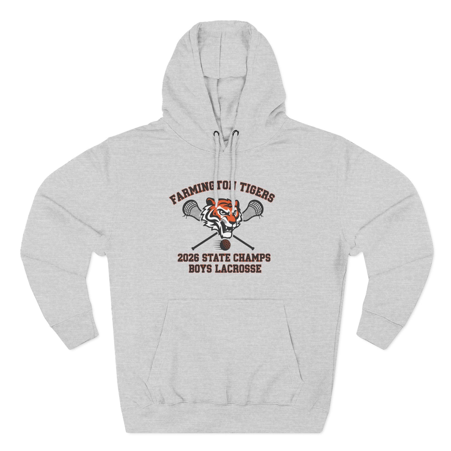 Farmington Tigers 2026 State Champs Boys Lacrosse Fleece Hoodie in gray color with tiger logo and lacrosse sticks.