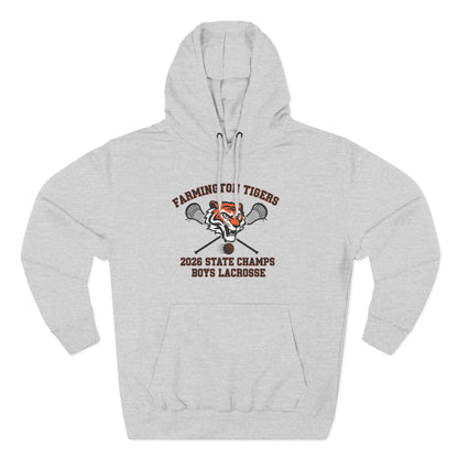 Farmington Tigers 2026 State Champs Boys Lacrosse Fleece Hoodie in gray color with tiger logo and lacrosse sticks.