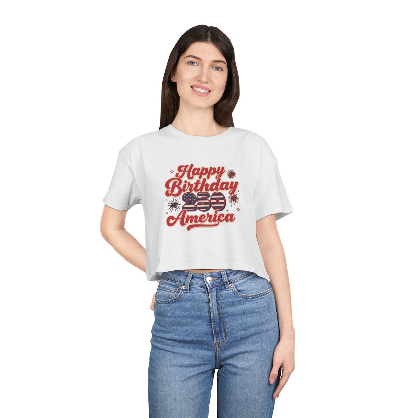 Happy 250th Birthday America Crop Tee featuring retro script and playful vintage design.