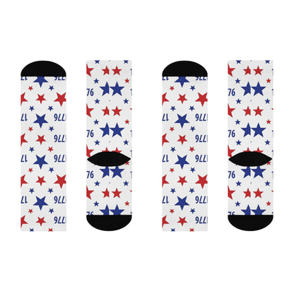 America 250th Anniversary cushioned crew socks with red, white, and blue star patterns.