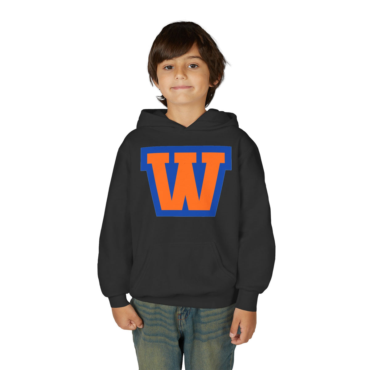 Youth Hoodie - Minneapolis Washburn Millers Orange & Blue 'W' School Logo with Mascot Back