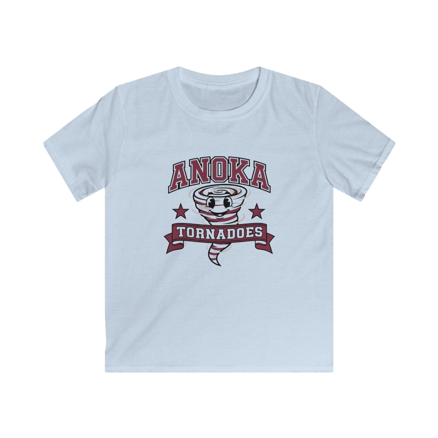 Anoka Tornadoes kids t-shirt in light blue featuring a playful tornado graphic with stars.