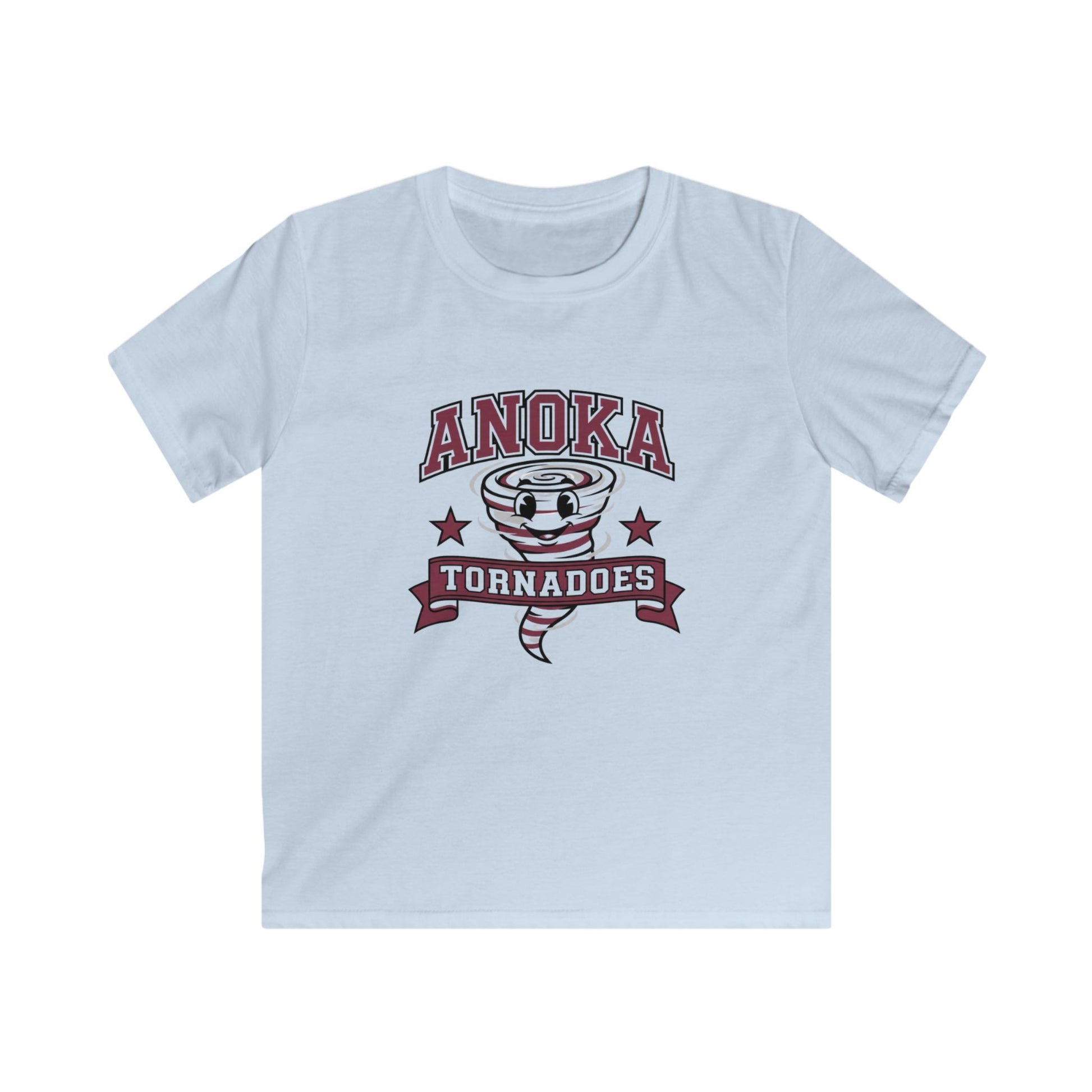 Anoka Tornadoes kids t-shirt in light blue featuring a playful tornado graphic with stars.