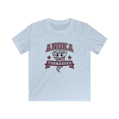 Anoka Tornadoes kids t-shirt in light blue featuring a playful tornado graphic with stars.
