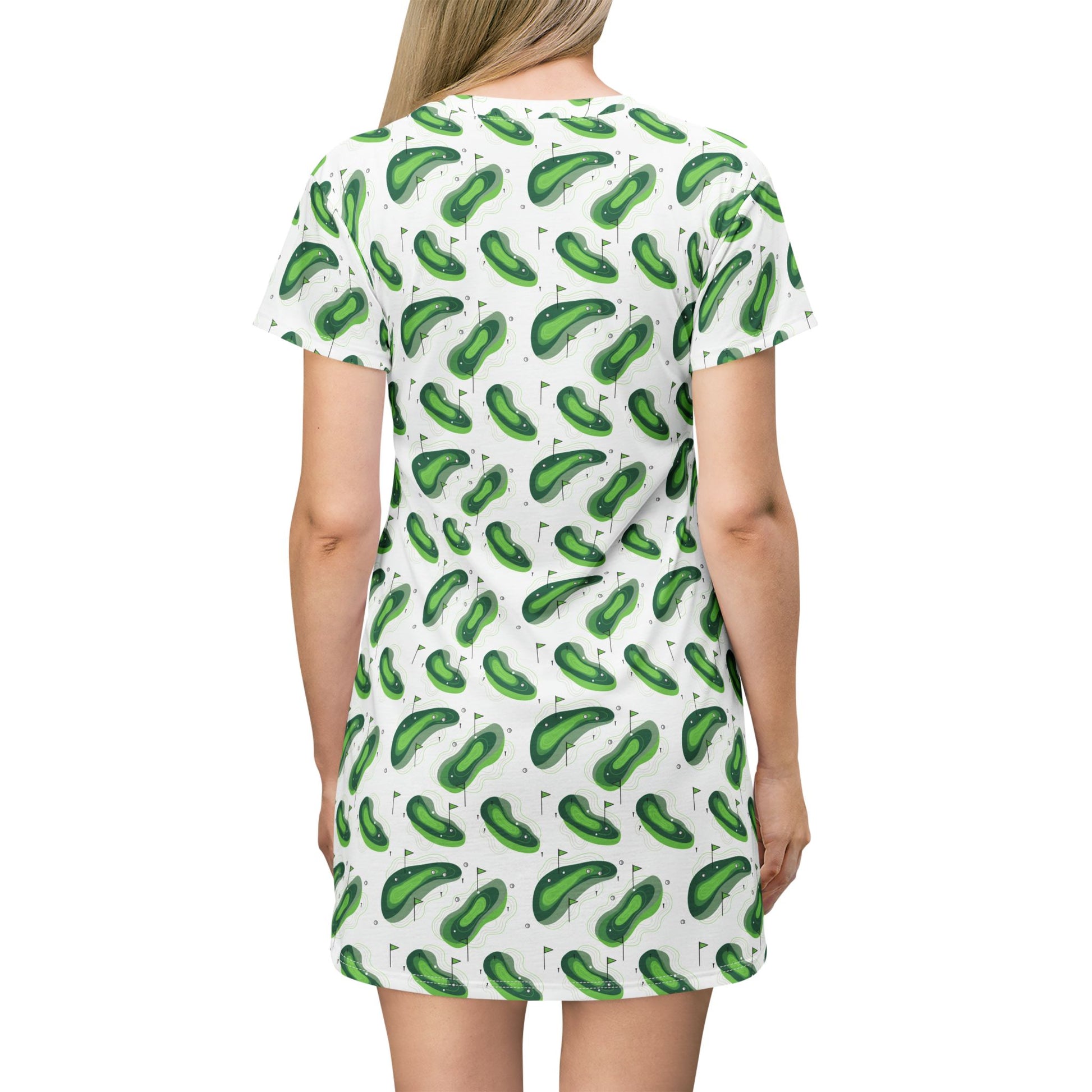 Back view of Logger's Trail Golf T-Shirt Dress featuring a playful golf motif in vibrant green.