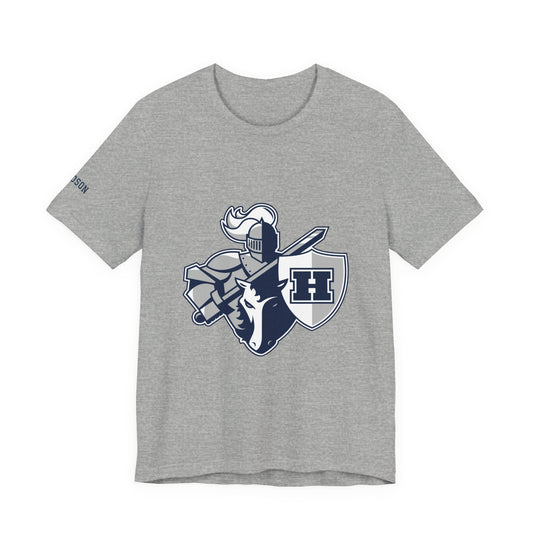 Hudson Raiders women's patriotic tee in athletic heather with a knight and shield graphic for spirited celebrations.