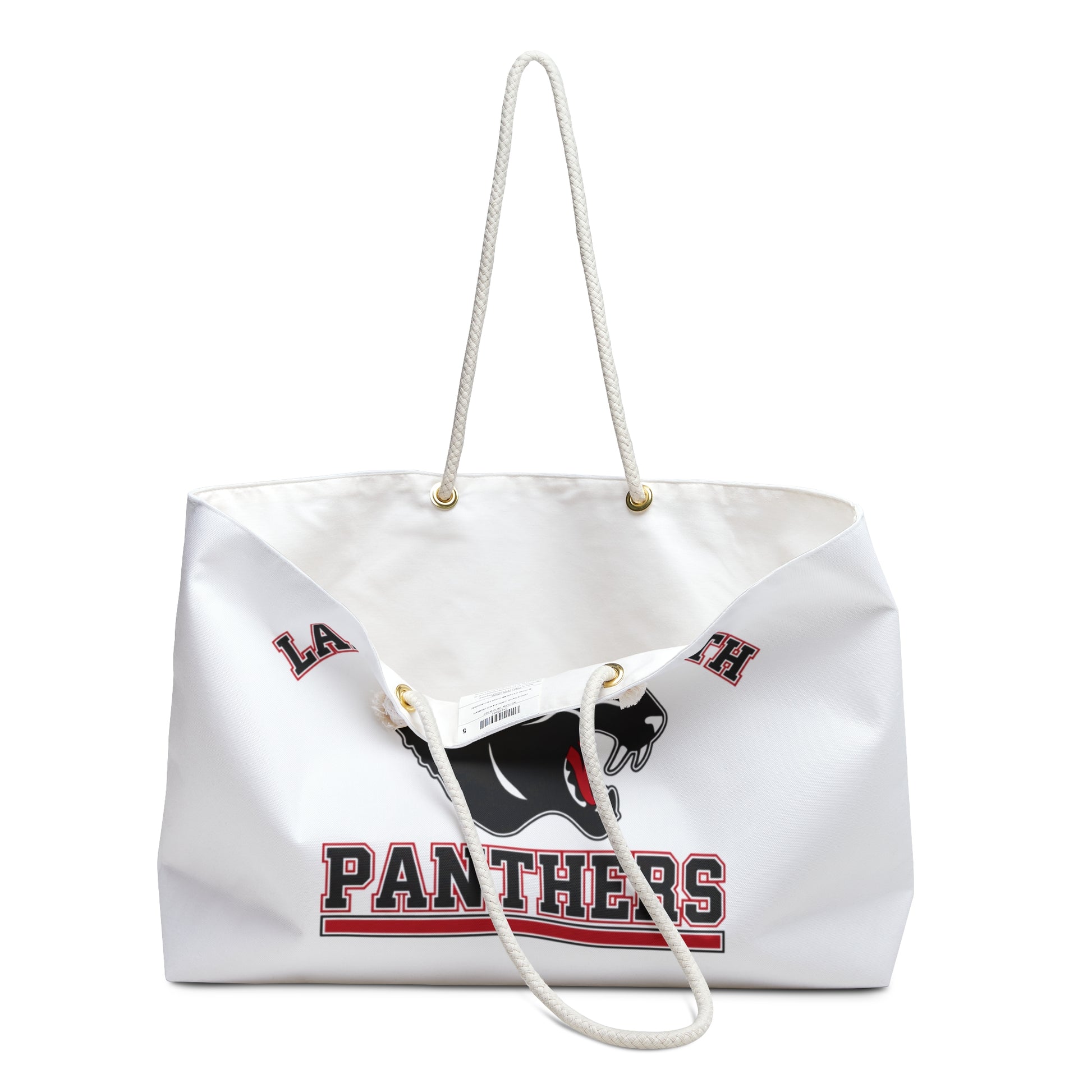 Lakeville North Panthers oversized canvas travel tote with cream rope handles and collegiate design.